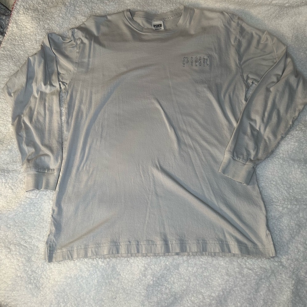 Victoria's Secret PINK Shine Bling Logo Light Gray Campus L/S Tee Shirt Small - Picture 2 of 7